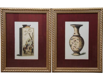 2 Chinese Chinoiserie Oriental Porcelain II & III Fine Art Mantel Vase Prints 22"
