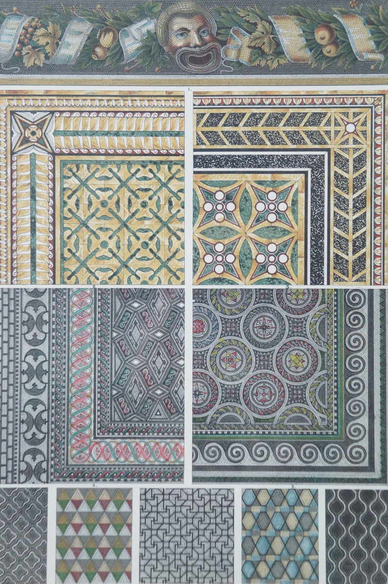 2 19th Century Emil Hochdanz Art Nouveau Greek Roman Book Plates Mosaic Floors