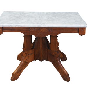 Antique Victorian Eastlake Walnut Burl Marble Top Parlor Coffee Side End Table
