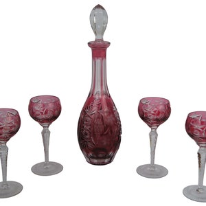 Nachtmann Traube Bohemian Cranberry Cut Clear Crystal Decanter & Shot Glasses