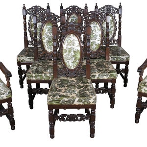 8 Vintage 20th Century Charles II Carolean Style Carved Oak Dining Room Chairs