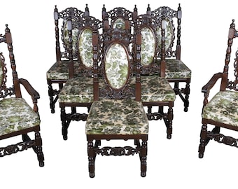 8 Vintage 20th Century Charles II Carolean Style Carved Oak Dining Room Chairs