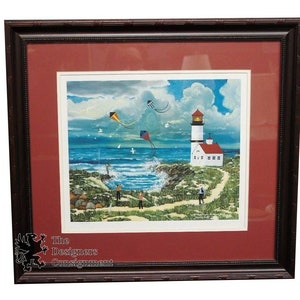 High Flyers at Stormy Point Wooster Scott Signed Lithograph Landscape Sea Kite