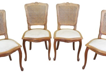 4 Vintage 1980s Tricoire Louis XV Country French Walnut Cane Dining Side Chairs