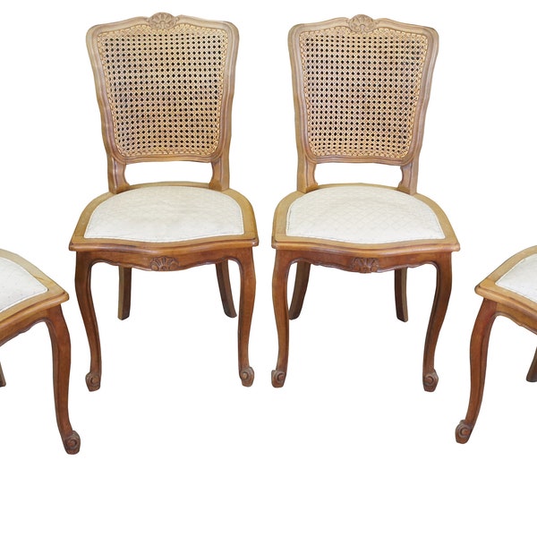 4 Vintage 1980s Tricoire Louis XV Country French Walnut Cane Dining Side Chairs