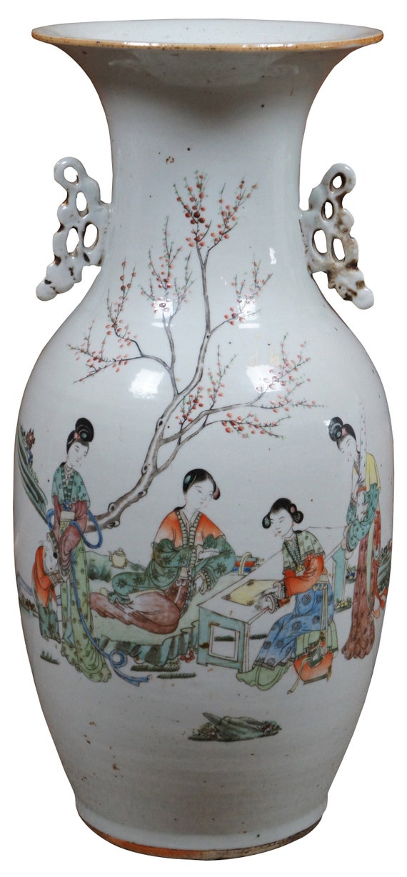 Antique Chinese Famille Rose Polychrome Porcelain Calligraphy Floor Vase Urn 17"