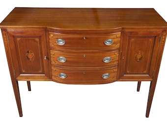 Antique Sheraton Style Mahogany Inlaid Bowfront Buffet Sideboard Console Cabinet