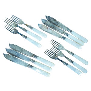 12 Antique English Sheffield Sterling Silver and Mother of Pearl Knives & Forks