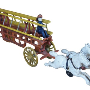 Antique Cast Iron Toy 2 Horse Drawn Hook & Ladder Fire Truck Wagon Carriage 15&quot;