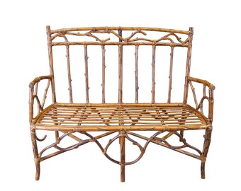 Vintage Rustic Bamboo Rattan Bent Wood Adirondak Tree Branch Bench Settee