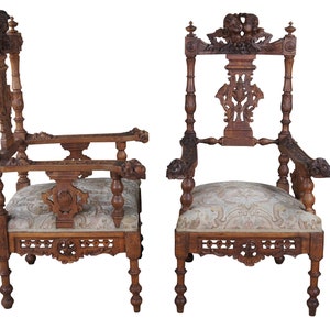 2 Antique 19th C Italian Renaissance Carved Walnut Putti Cherub Angel Arm Chairs