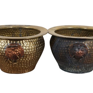 May include: Two hammered brass planters with a lion's head detail. One planter is a bright gold color, and the other is a darker, tarnished bronze. Both have a wide, flat rim and a textured surface.