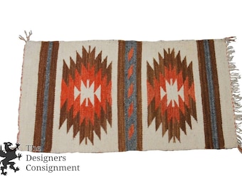 Vintage Handmade & Knotted Southwestern Accent Rug Red Brown White