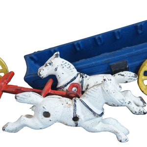 Antique Cast Iron Two Horse Drawn Dark Blue Conestoga Covered Wagon Toy