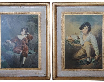 2 Mid Century Victorian Children Prints Sir Henry Raeburn Boy Rabbit Framed 5"