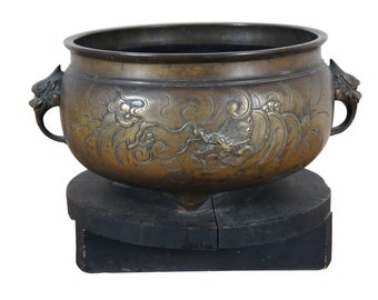 Antique Chinese Bronze Phoenix Dragon Tropod Censer Bowl Incense Burner 17"
