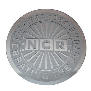 1984 NCR National Cash Register Centennial Mirrored Plastic Plaque Sign 10&quot;