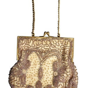 Vintage Tan W/ Purple Micro Beaded Change Purse Silk Lined Bag Ladys Unique