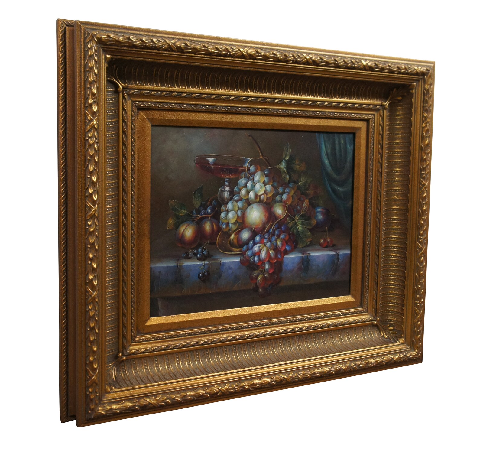 Vintage Still Life Fruit Grapes Wine Oil Painting on Canvas Gold Frame ...