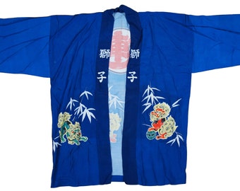 Vintage Mid Century Mens Short Kimono Robe Fu Dogs Guardian Lions Blue