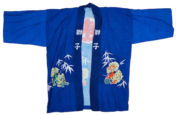 Vintage Mid Century Mens Short Kimono Robe Fu Dog… - image 1