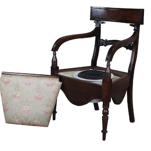 Antique Early 19th C. English Regency Mahogany Commode Arm Chair W/ Chamber Pot