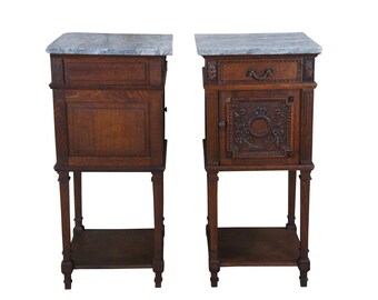 2 Antique French Neoclassical Quartersawn Oak Marble Nightstands Smoking Stands