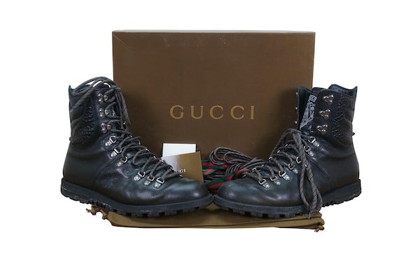 Gucci Nero Black Pebbled Leather Hiking Combat Boots Original Box