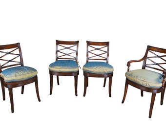 4 Theodore Alexander Flamed Mahogany X Back Caned Regency Dining Chairs 4100