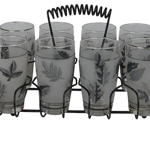 Mid Century Libbey Barware Cocktail Set Glass Highball Juice Wire Carrier MCM