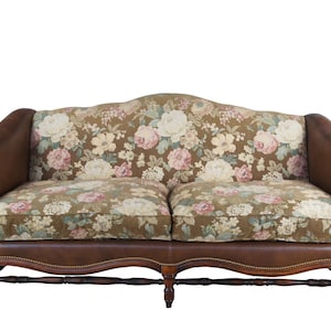 Vintage Sherrill Chippendale Style Mahogany & Leather Floral Upholstered Sofa
