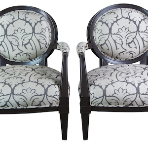 2 Vintage Oversized Brunschwig Fils French Fauteuil Balloon Back Club Arm Chairs