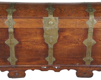 Antique 18th Century Baroque Oak Brass Dome Top Hope Chest Trunk Coffer Box 49"