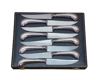 8 Vintage Sheffield Silver Plate Stainless Steel Steak Knives w Pistol Grip 8.5"