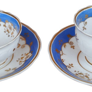 2 Antique 19th Century English Samuel Alcock Blue Gold Floral Cups & Saucers