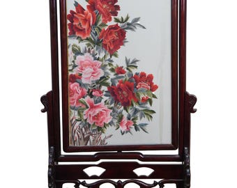 Chinese Silk Embroidered Peony Reticulated Rosewood Fire Screen Panel 31"