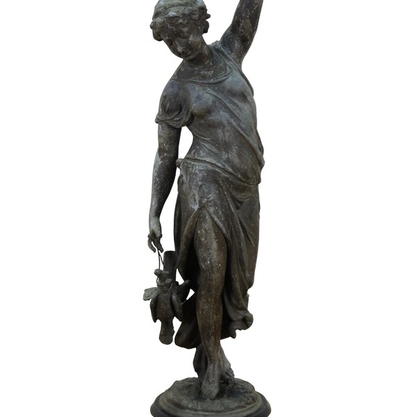Antique Neoclassical Spelter Bronze Woman with Game Birds Hunting Statue 19"
