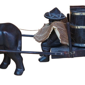 Vintage Japanese Hand Carved Farmer W/ Oxen Drawn Grain Wagon Cart Figurine 15"