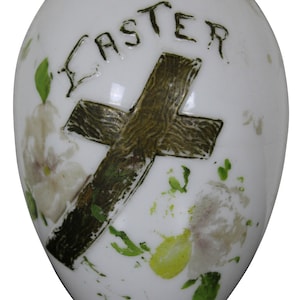 Antique Victorian Embossed Hand Blown Milk Glass Easter Egg Cross Floral 6.5&quot;
