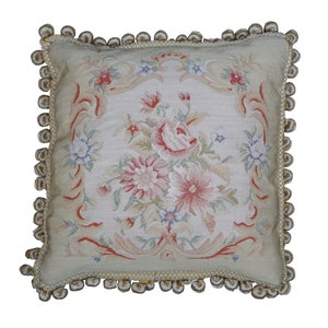 French Aubusson Style Silk Down Fill Floral Embroidered Lumbar Throw Pillow 16&quot;