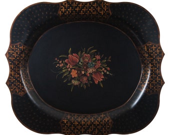 Vintage Scalloped Metal Tole Painted Black Floral Bar Vanity Serving Tray 29”