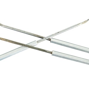 May include: Three silver metal tools with hooks on one end and a handle on the other. The tools are crossed over each other.