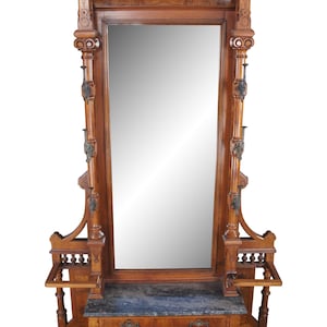 Monumental Victorian Renaissance Revival Walnut Granite Hall Tree Umbrella Stand