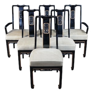 6 Mid Century Black Lacquered Oriental Chinoiserie Dining Chairs