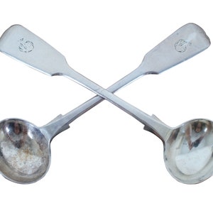 2 Antique 1849 Joseph & Albert Savory Sterling Silver Mustard Salt Spoons 27g 5&quot;