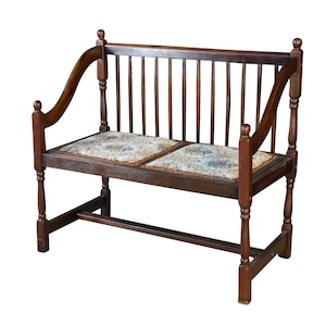 Vintage American Country Farmhouse Mahogany Settee Bench Needlepoint Seat