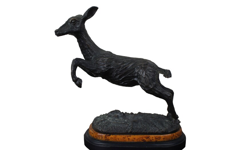 Vintage Bronze Leaping Deer Figurine by Oriental Accent Fawn Doe Sculpture