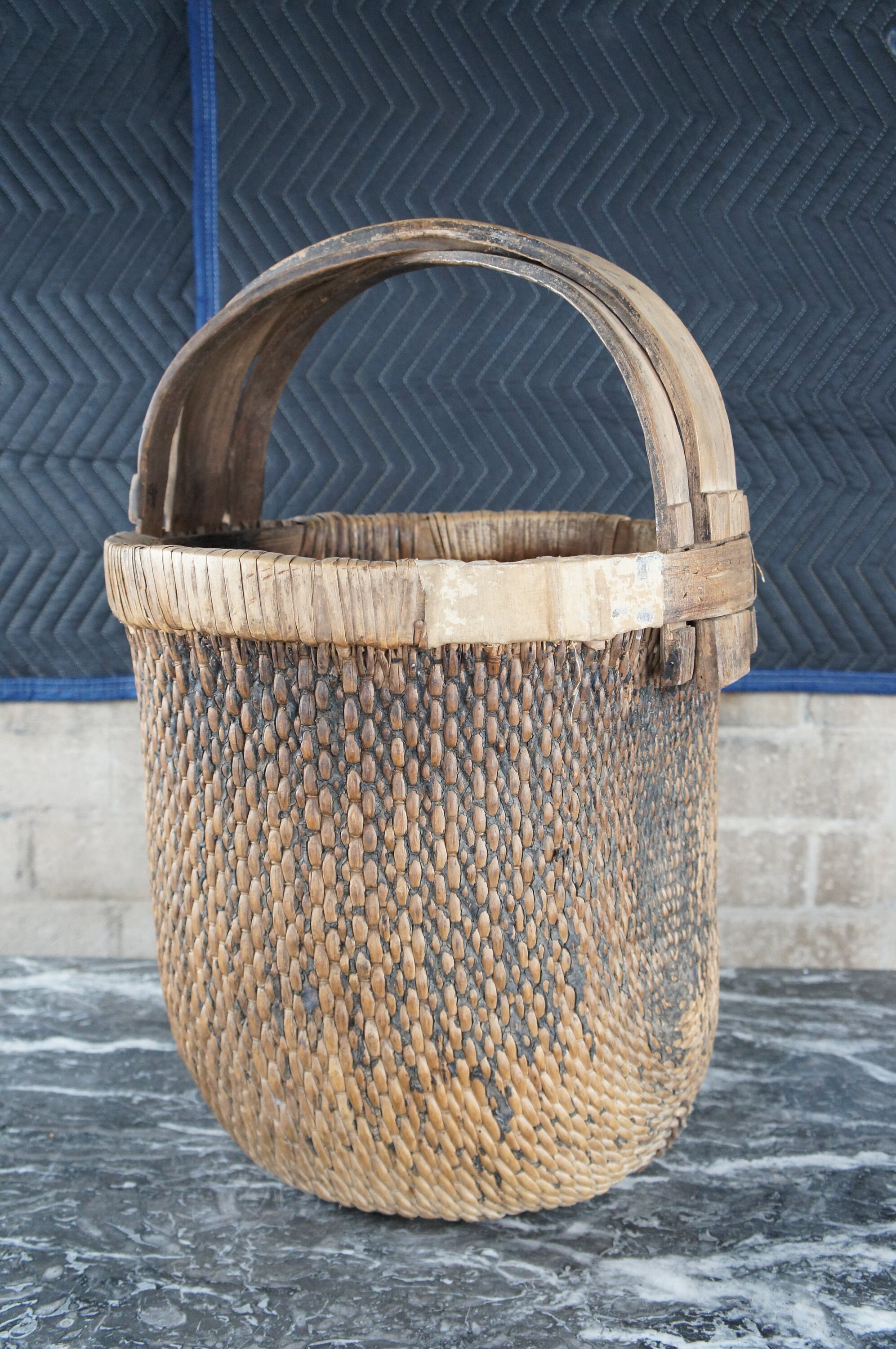 Antique Chinese Hand Woven Willow Rice Gathering Basket Bentwood Handle ...