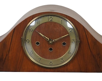 Antique Art Deco Walnut Mantel Desk Clock Key Wound Chiming Bauhaus 26"
