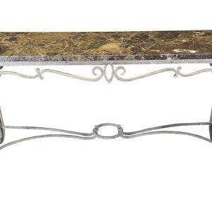 May include: A white painted wrought iron console table with a brown marble top. The table has a scrolled design and a curved base.